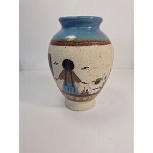 Vintage Tonala Mexican Vase, Handpainted Desert Scene with Mother and Child.